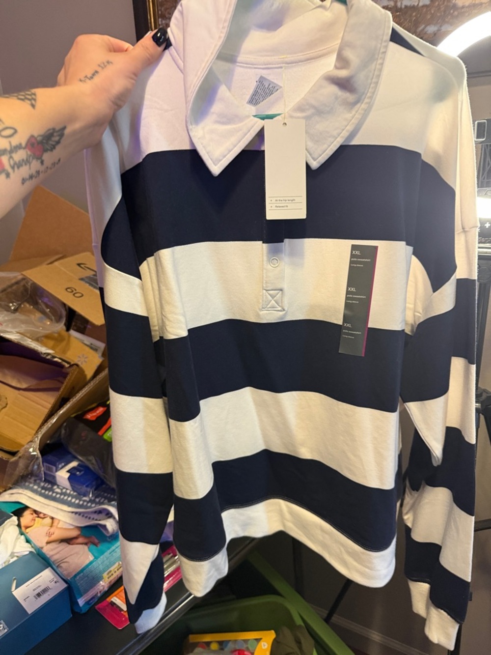 all in motion Women's Navy and White Striped Rugby Polo